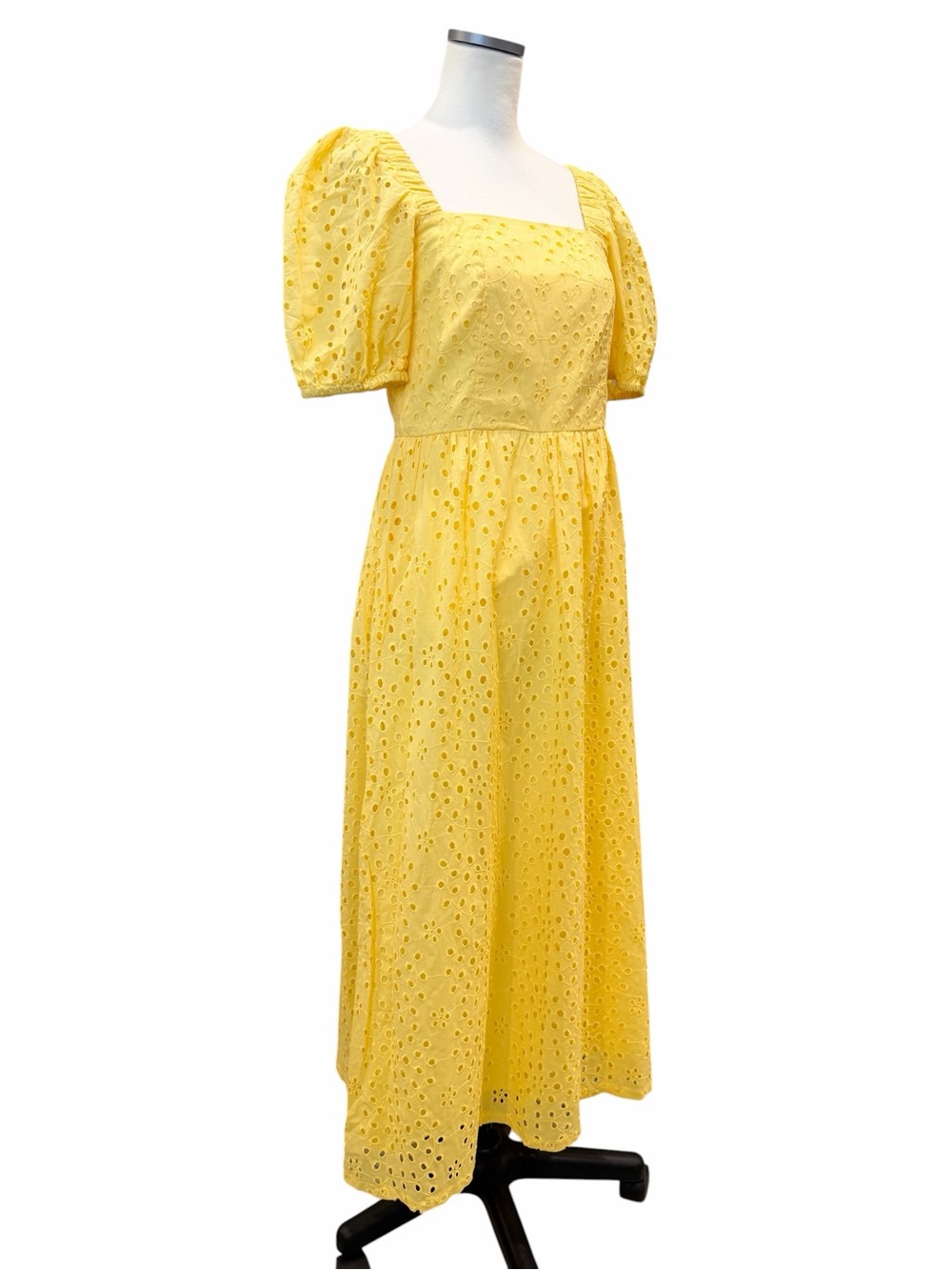 CeCe Eyelet Cotton Midi Dress Square Neck Smocked Puff Sleeve Yellow Small NWT - Picture 5 of 15